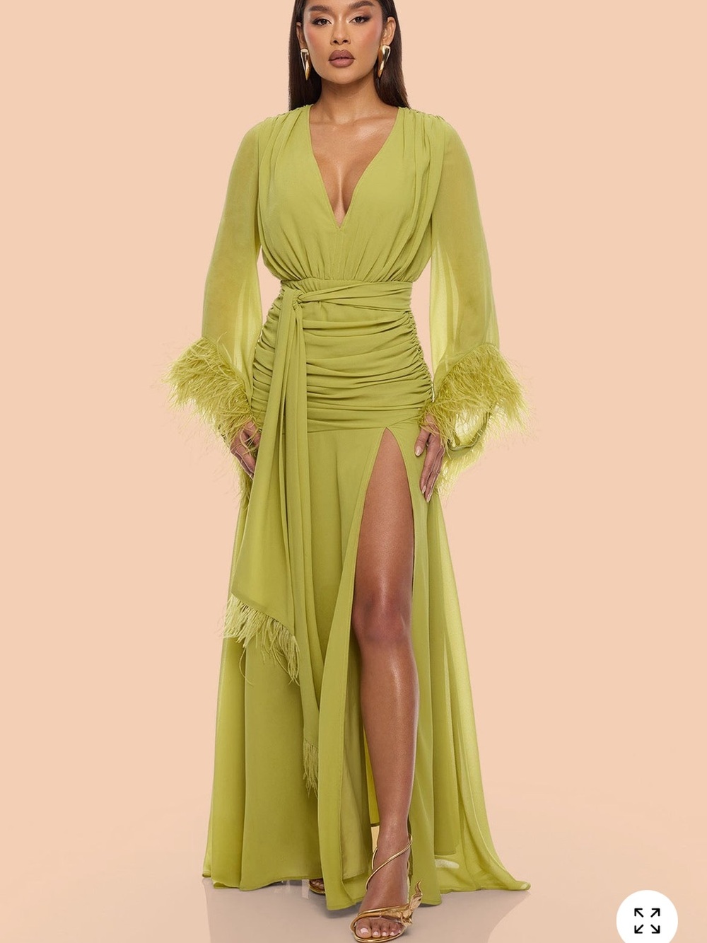 ISO Daisey Feather Trim Chiffon Maxi Dress Chartreuse Green Fashion Nova
